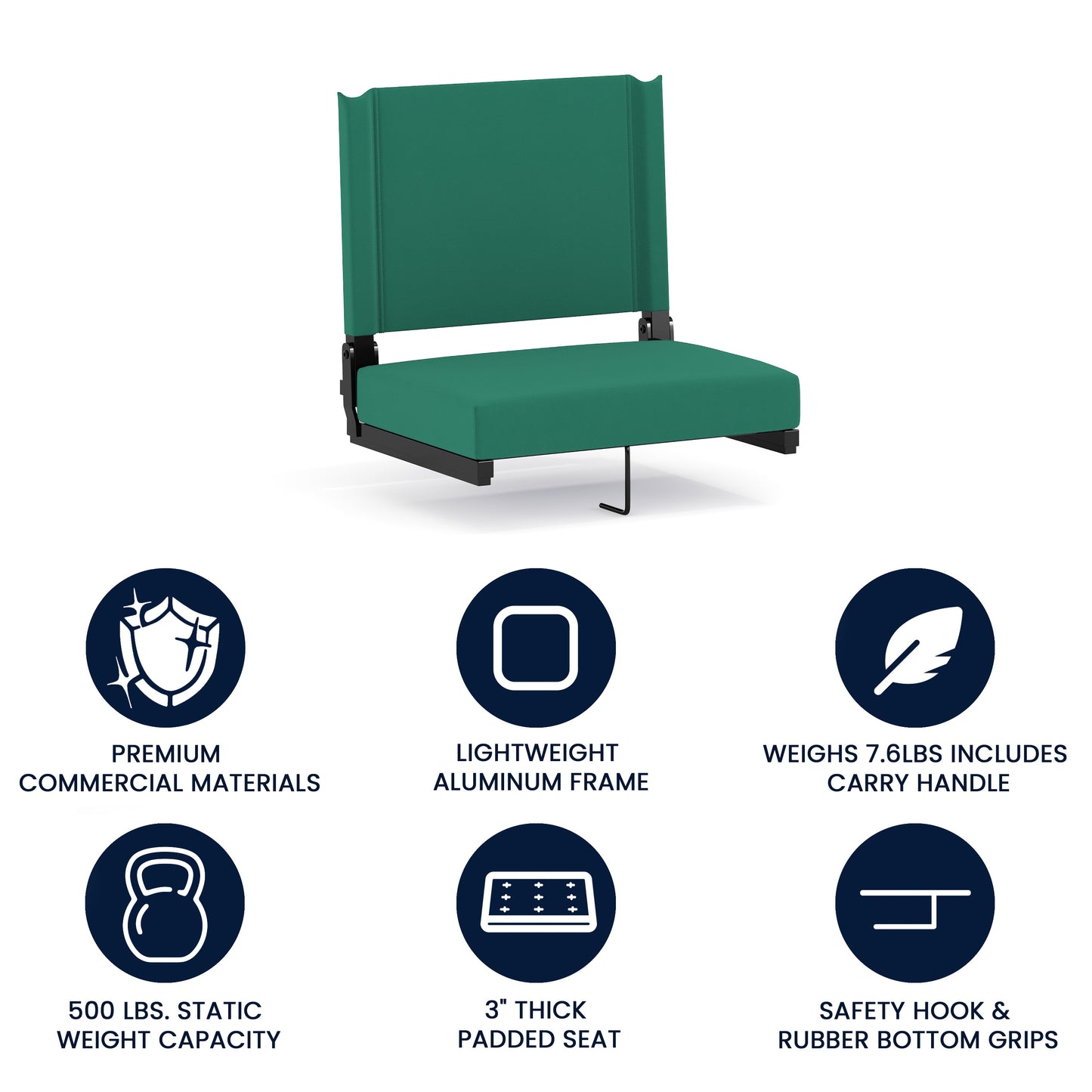 Grandstand Comfort 500 lb Capacity Padded Stadium Chairs, Folding Seats with Handles, Lightweight & Durable, Hunter Green Hunter Green