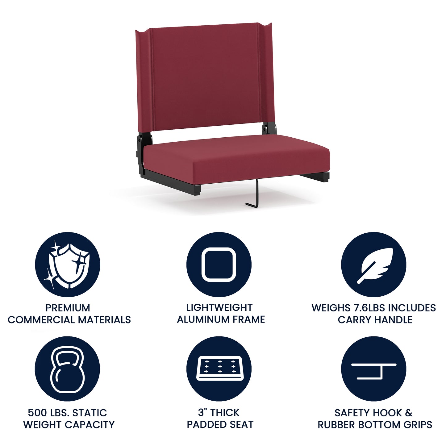Grandstand Comfort 500 lb Capacity Padded Stadium Chairs, Folding Seats with Handles, Lightweight & Durable, Maroon Maroon
