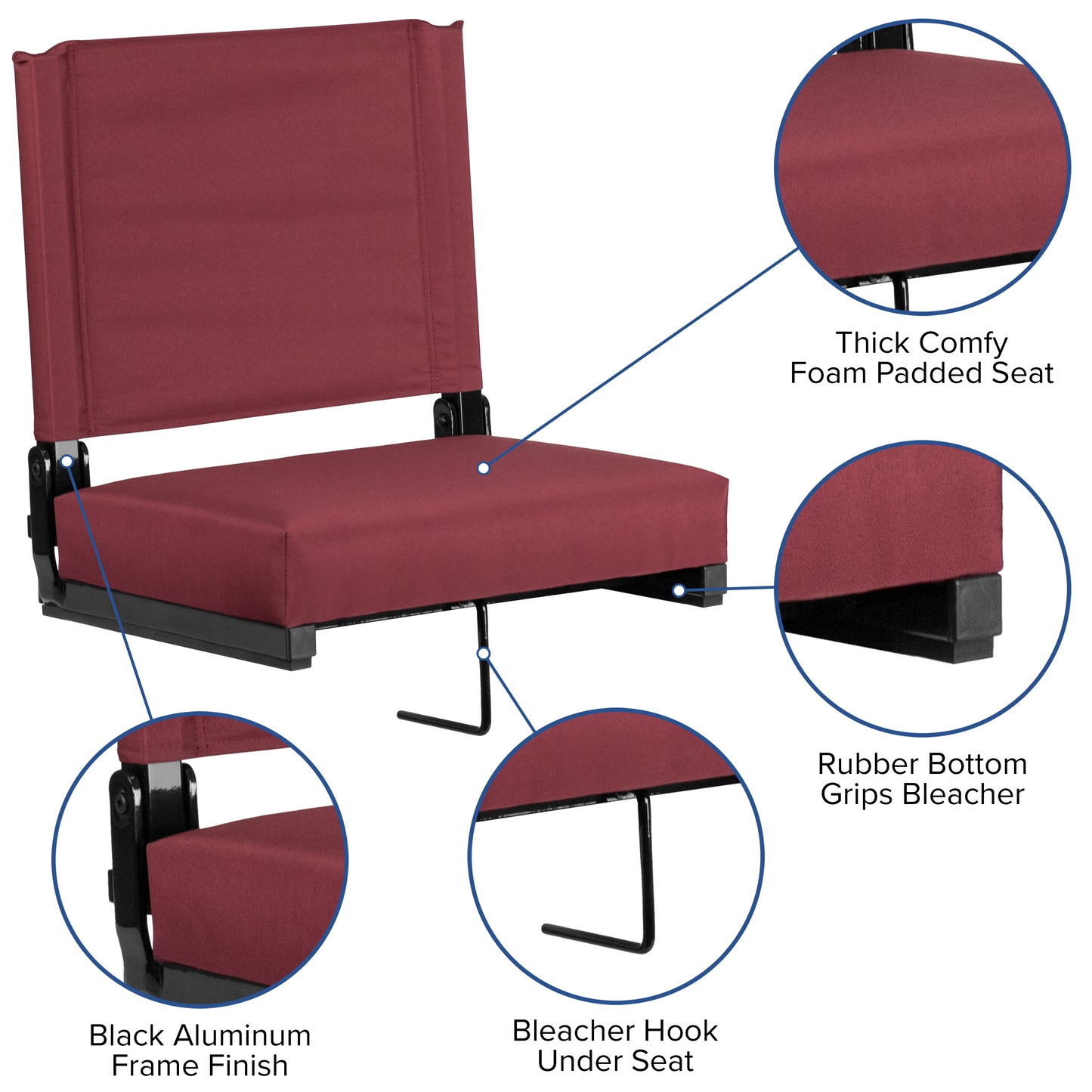 Grandstand Comfort 500 lb Capacity Padded Stadium Chairs, Folding Seats with Handles, Lightweight & Durable, Maroon Maroon