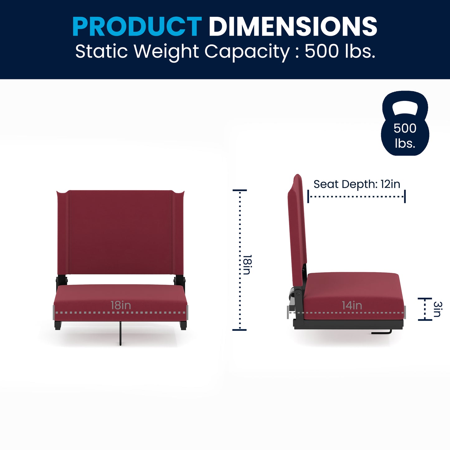 Grandstand Comfort 500 lb Capacity Padded Stadium Chairs, Folding Seats with Handles, Lightweight & Durable, Maroon Maroon