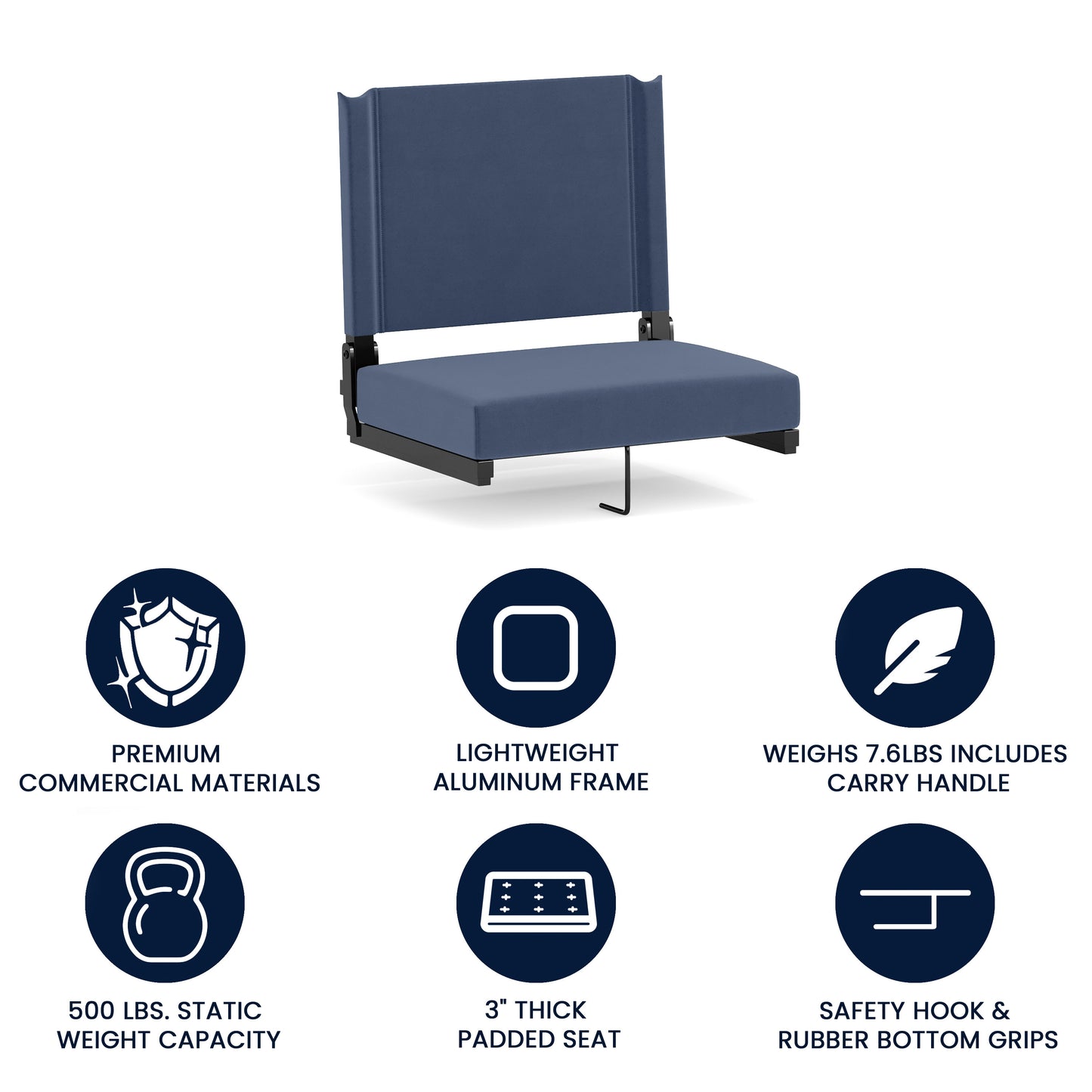 Grandstand Comfort Stadium Seat with Handle, 500 lb Rated, Padded Cushions, Foldable & Lightweight for Bleachers & Outdoor Events, Navy Blue Navy Blue