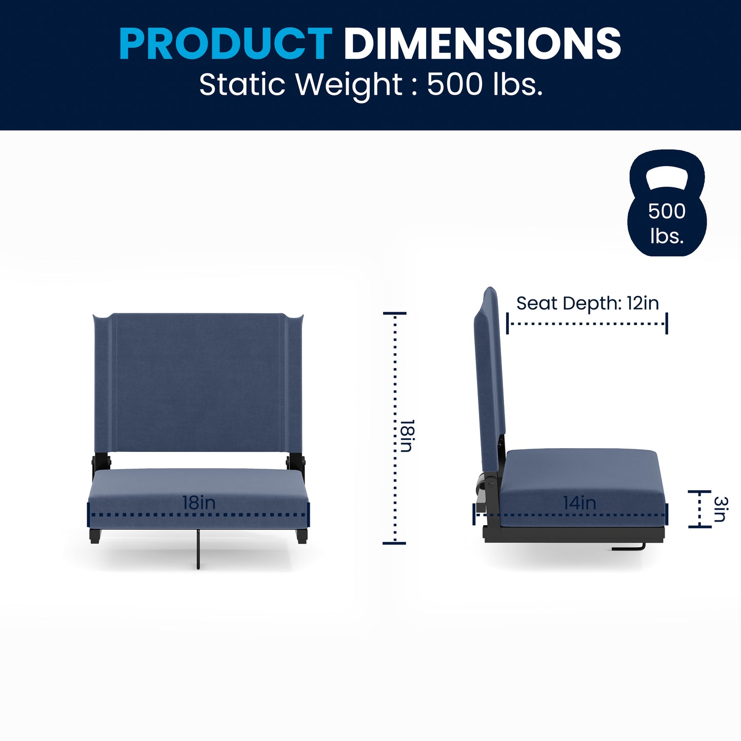 Grandstand Comfort Stadium Seat with Handle, 500 lb Rated, Padded Cushions, Foldable & Lightweight for Bleachers & Outdoor Events, Navy Blue Navy Blue