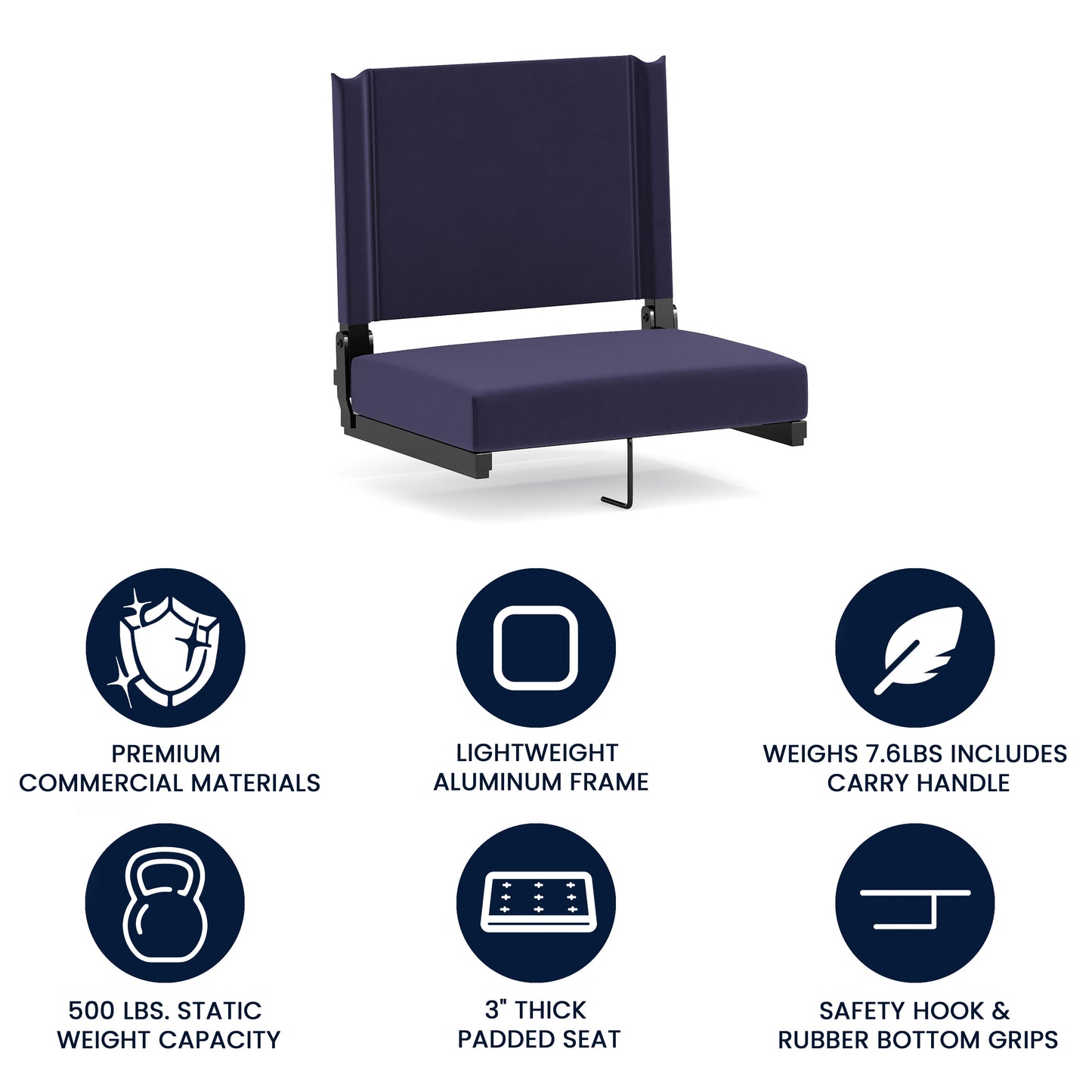 Grandstand Comfort 500 lb Capacity Padded Stadium Chairs, Folding Seats with Handles, Lightweight & Durable, Navy Navy