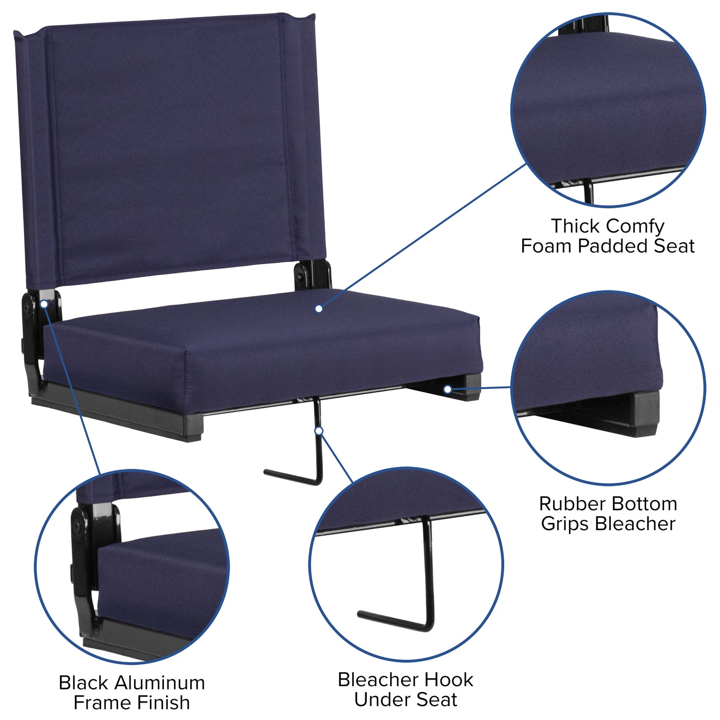 Grandstand Comfort 500 lb Capacity Padded Stadium Chairs, Folding Seats with Handles, Lightweight & Durable, Navy Navy
