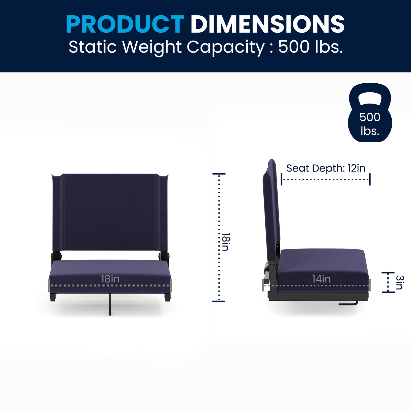 Grandstand Comfort 500 lb Capacity Padded Stadium Chairs, Folding Seats with Handles, Lightweight & Durable, Navy Navy