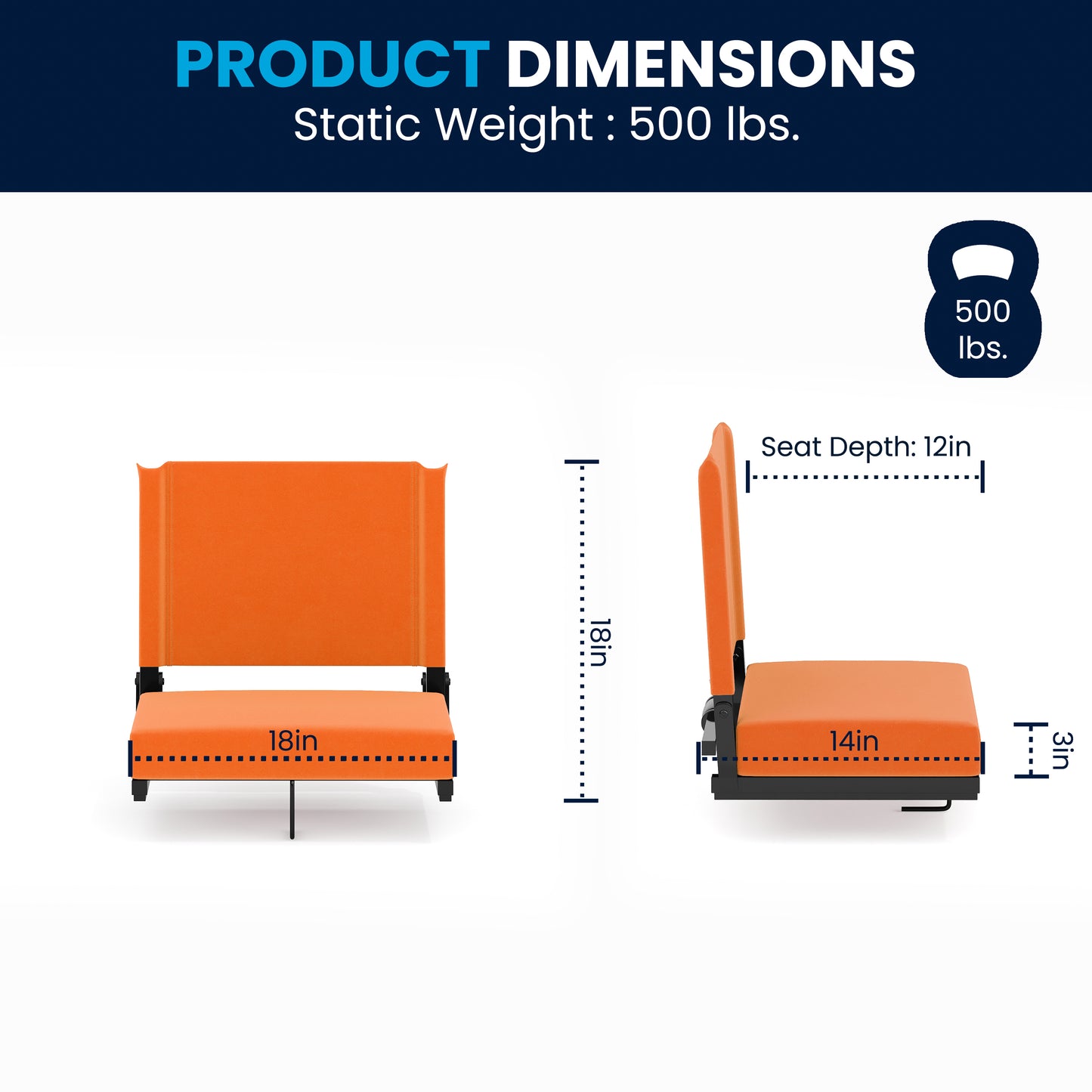 Grandstand Comfort 500 lb Capacity Padded Stadium Chairs, Folding Seats with Handles, Lightweight & Durable, Orange Orange