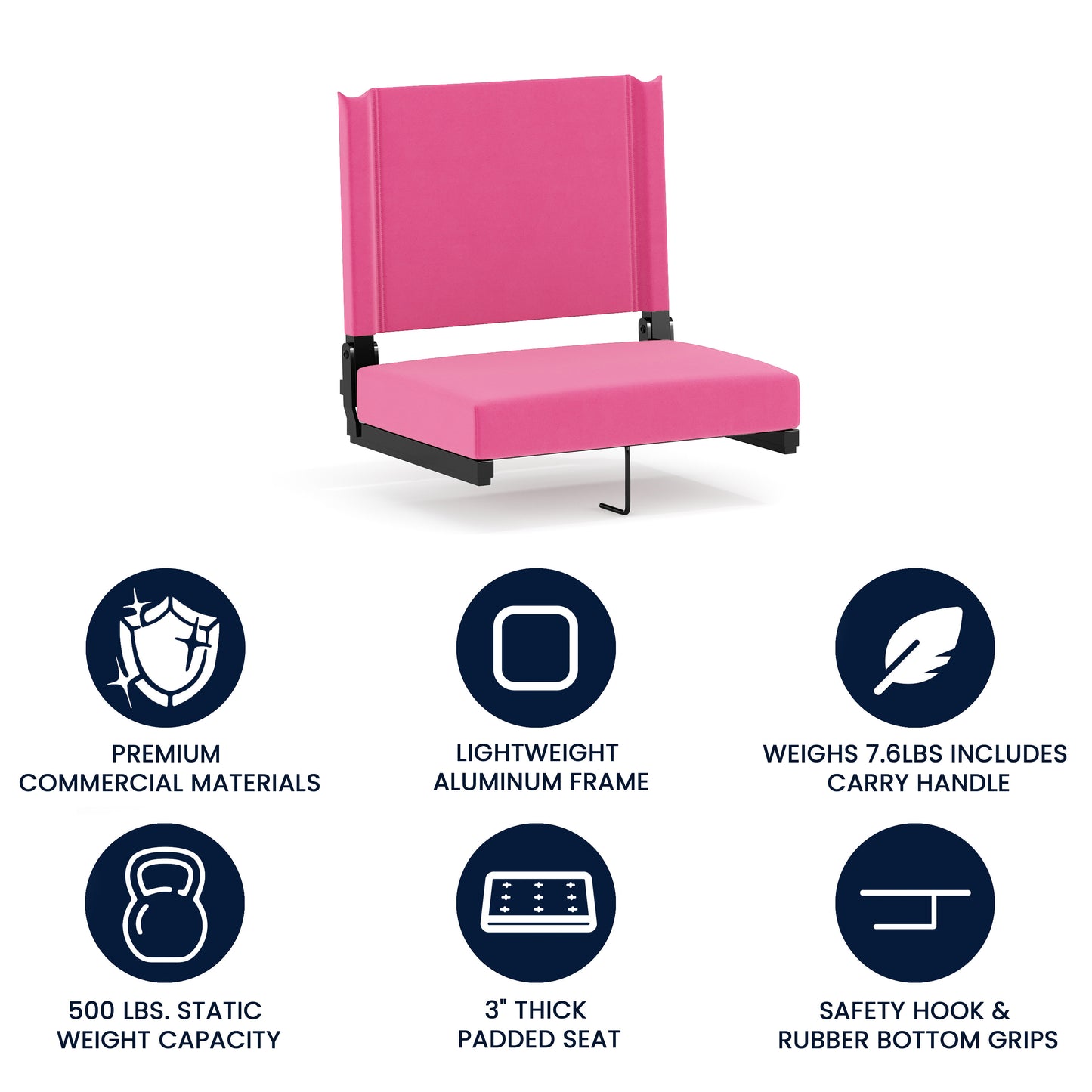 Grandstand Comfort 500 lb Capacity Padded Stadium Chairs, Folding Seats with Handles, Lightweight & Durable, Pink Pink