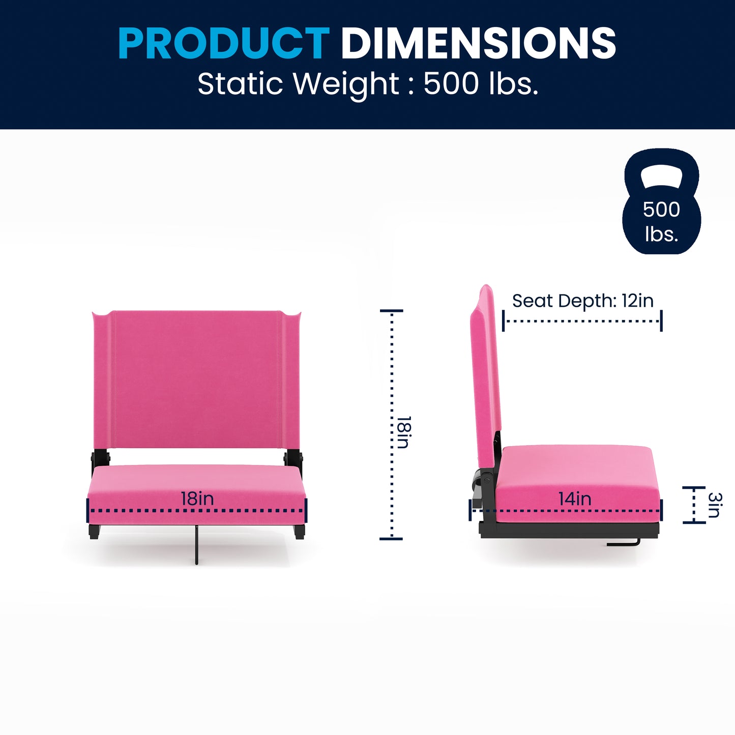 Grandstand Comfort 500 lb Capacity Padded Stadium Chairs, Folding Seats with Handles, Lightweight & Durable, Pink Pink
