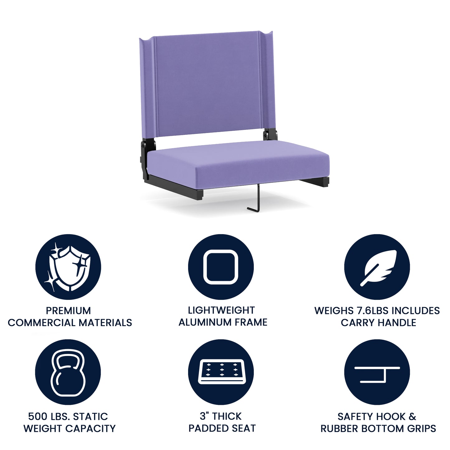 Grandstand Comfort 500 lb Capacity Padded Stadium Chairs, Folding Seats with Handles, Lightweight & Durable, Purple Purple