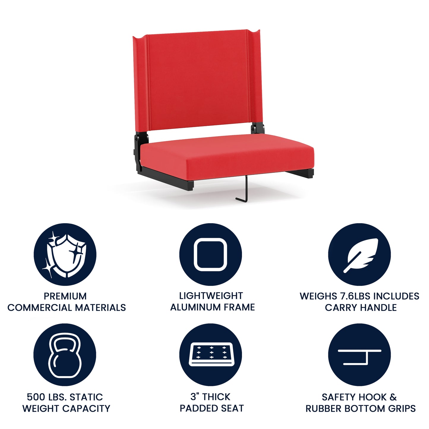 Grandstand Comfort 500 lb Capacity Padded Stadium Chairs, Folding Seats with Handles, Lightweight & Durable, Red Red