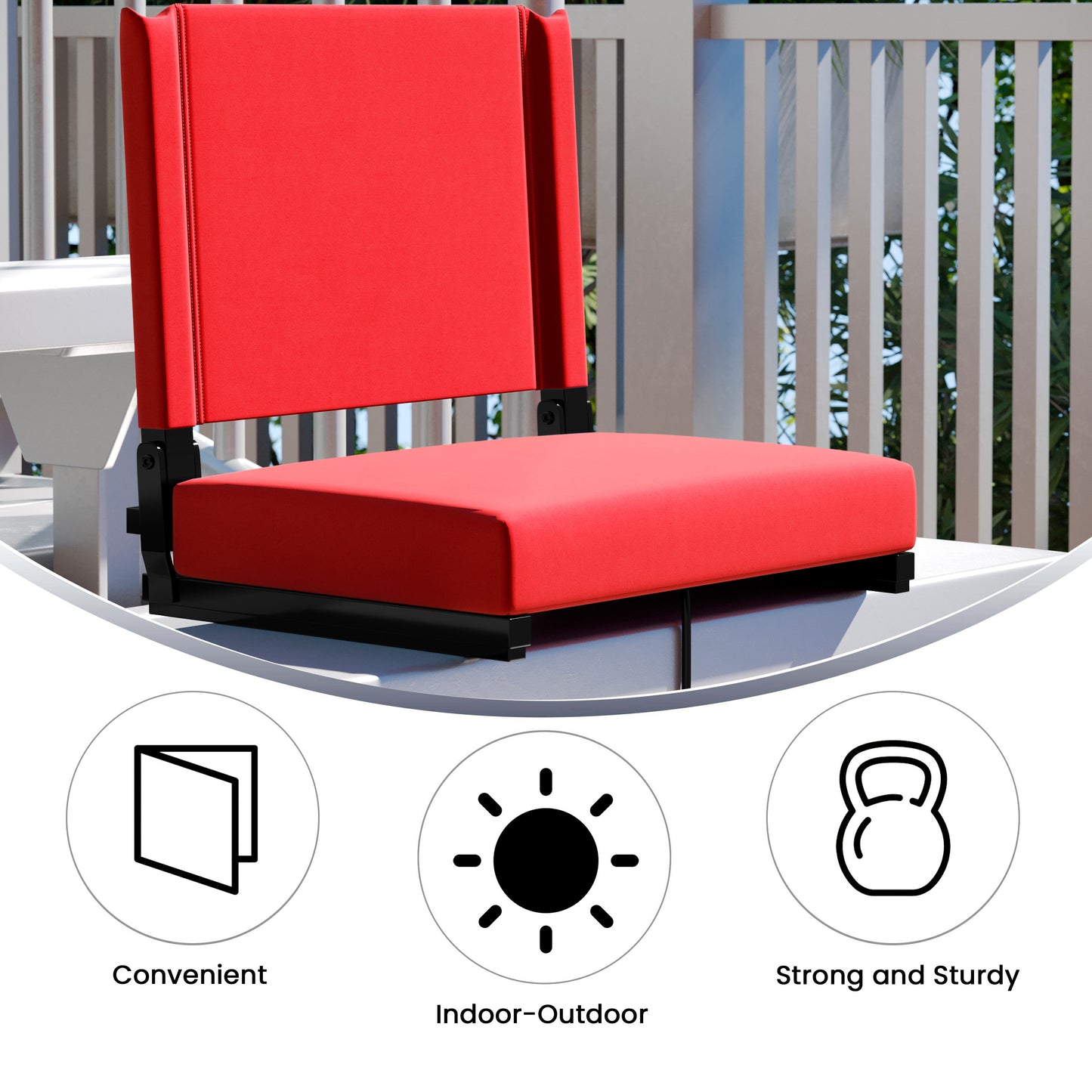 Grandstand Comfort 500 lb Capacity Padded Stadium Chairs, Folding Seats with Handles, Lightweight & Durable, Red Red