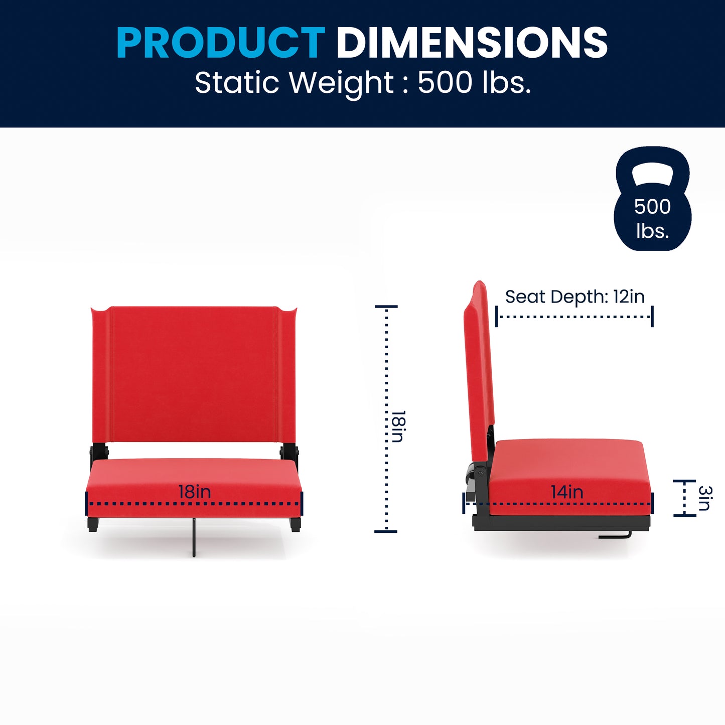 Grandstand Comfort 500 lb Capacity Padded Stadium Chairs, Folding Seats with Handles, Lightweight & Durable, Red Red