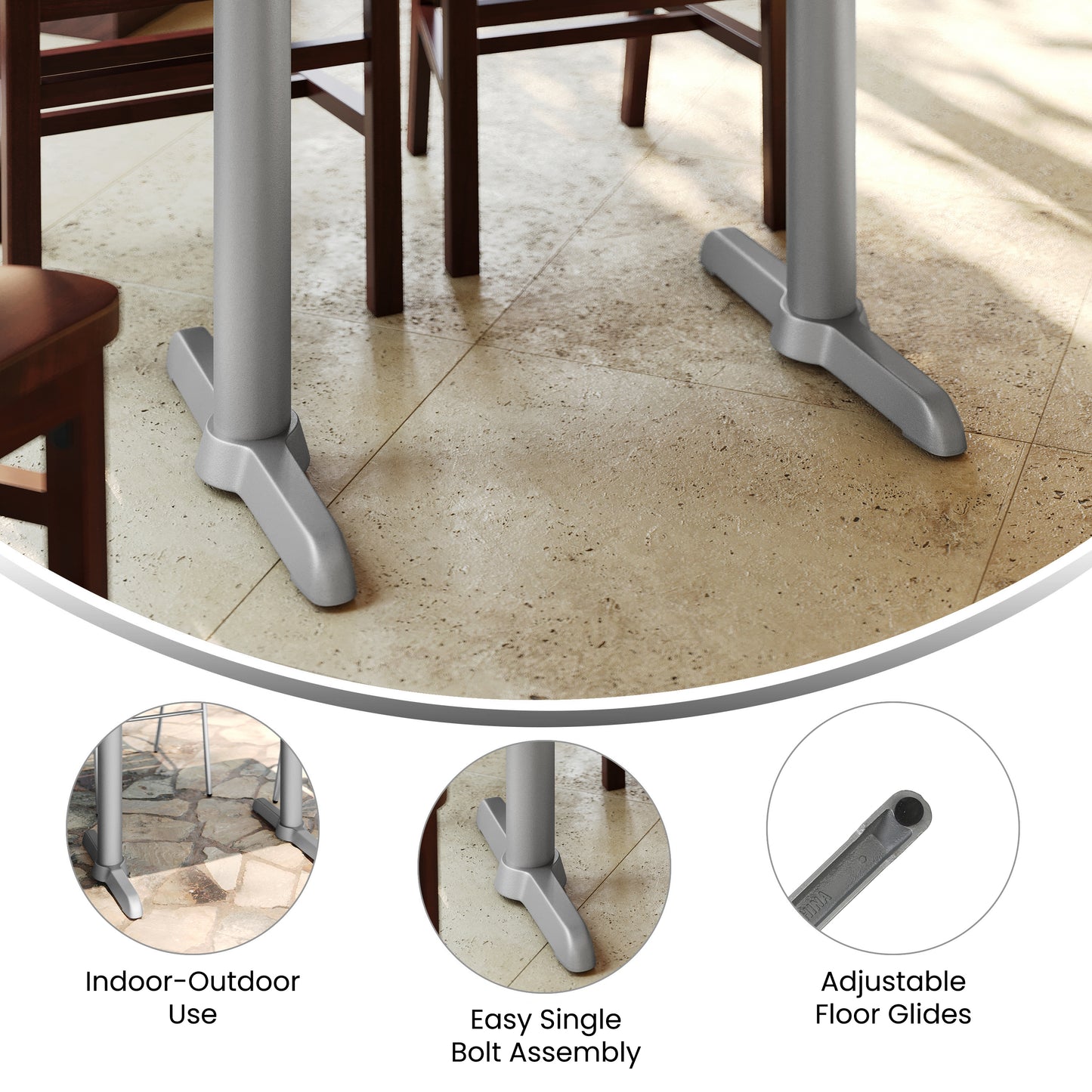 Beverly 5'' x 22'' Restaurant Indoor/Outdoor Table T-Base with 3'' Dia. Table Height Column, Silver Silver
