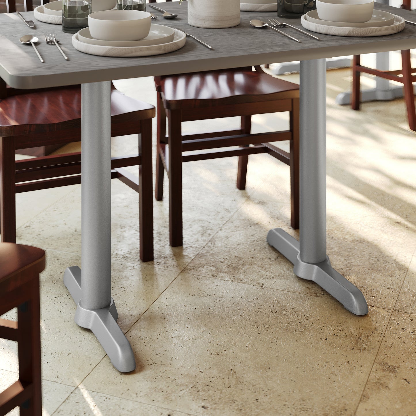 Beverly 5'' x 22'' Restaurant Indoor/Outdoor Table T-Base with 3'' Dia. Table Height Column, Silver Silver