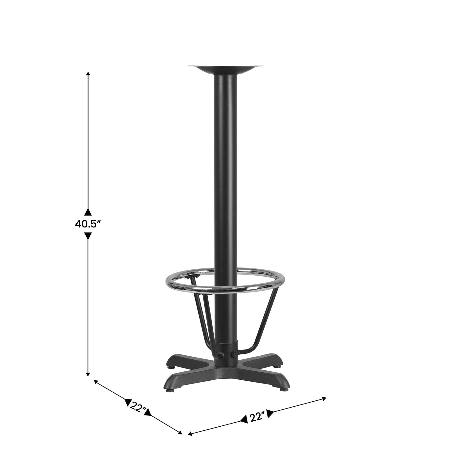 Beverly 22'' x 22'' Restaurant Table X-Base with 3'' Dia. Bar Height Column and Foot Ring Black