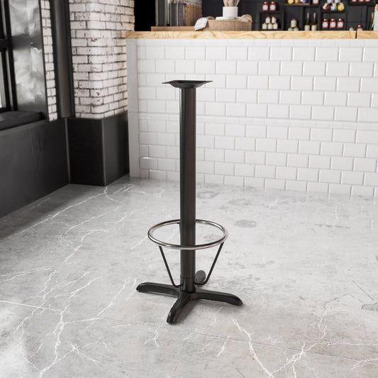 Beverly 22'' x 22'' Restaurant Table X-Base with 3'' Dia. Bar Height Column and Foot Ring Black