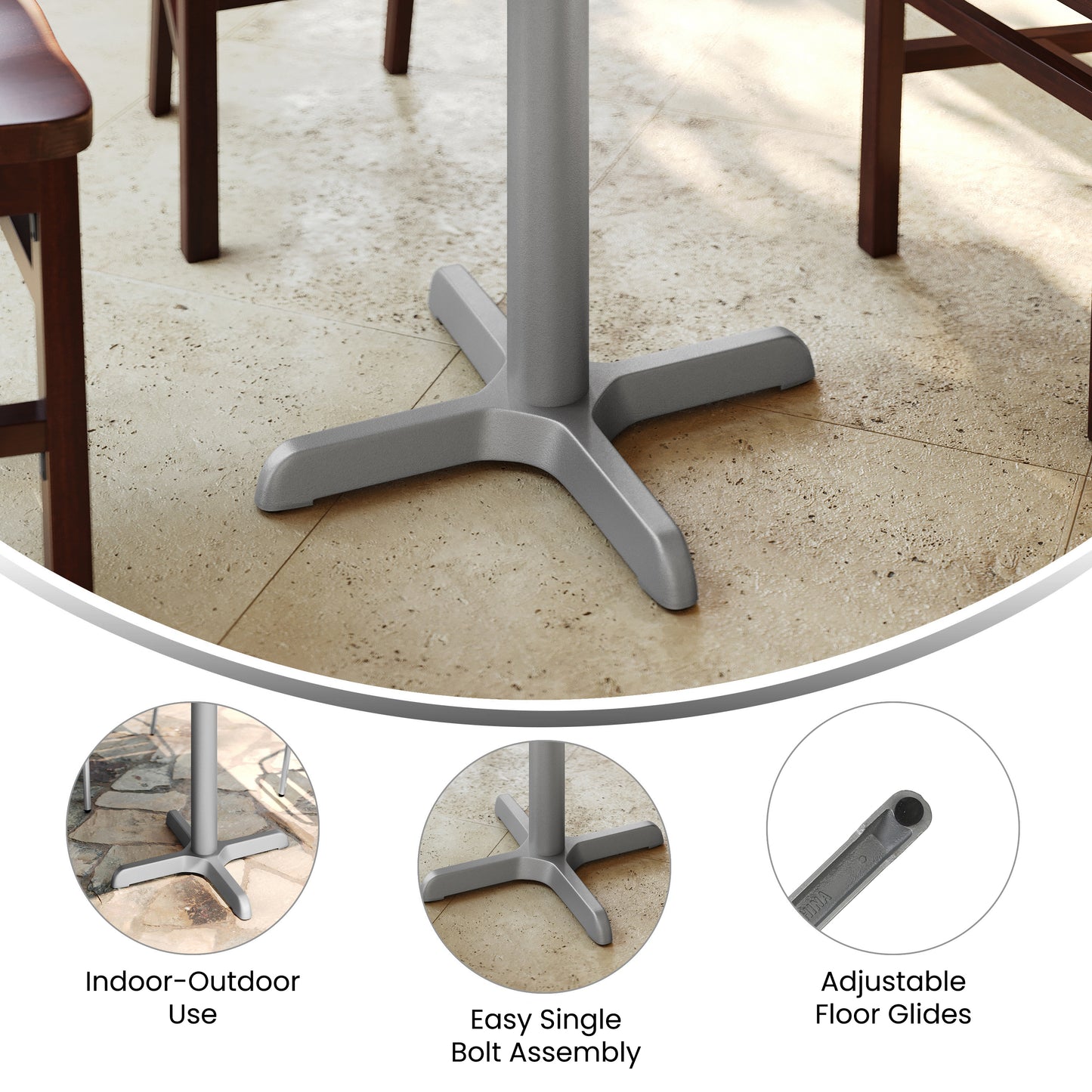 Beverly 22'' x 22'' Restaurant Indoor/Outdoor Table X-Base with 3'' Dia. Table Height Column, Silver Silver