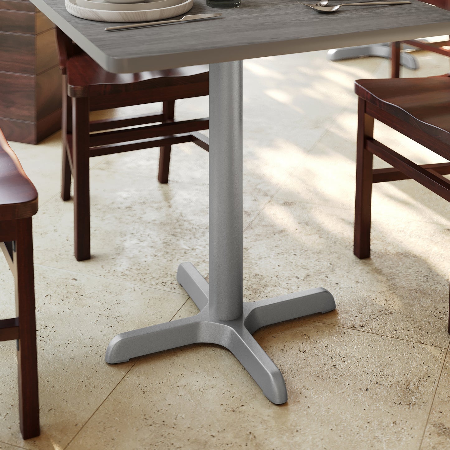 Beverly 22'' x 22'' Restaurant Indoor/Outdoor Table X-Base with 3'' Dia. Table Height Column, Silver Silver