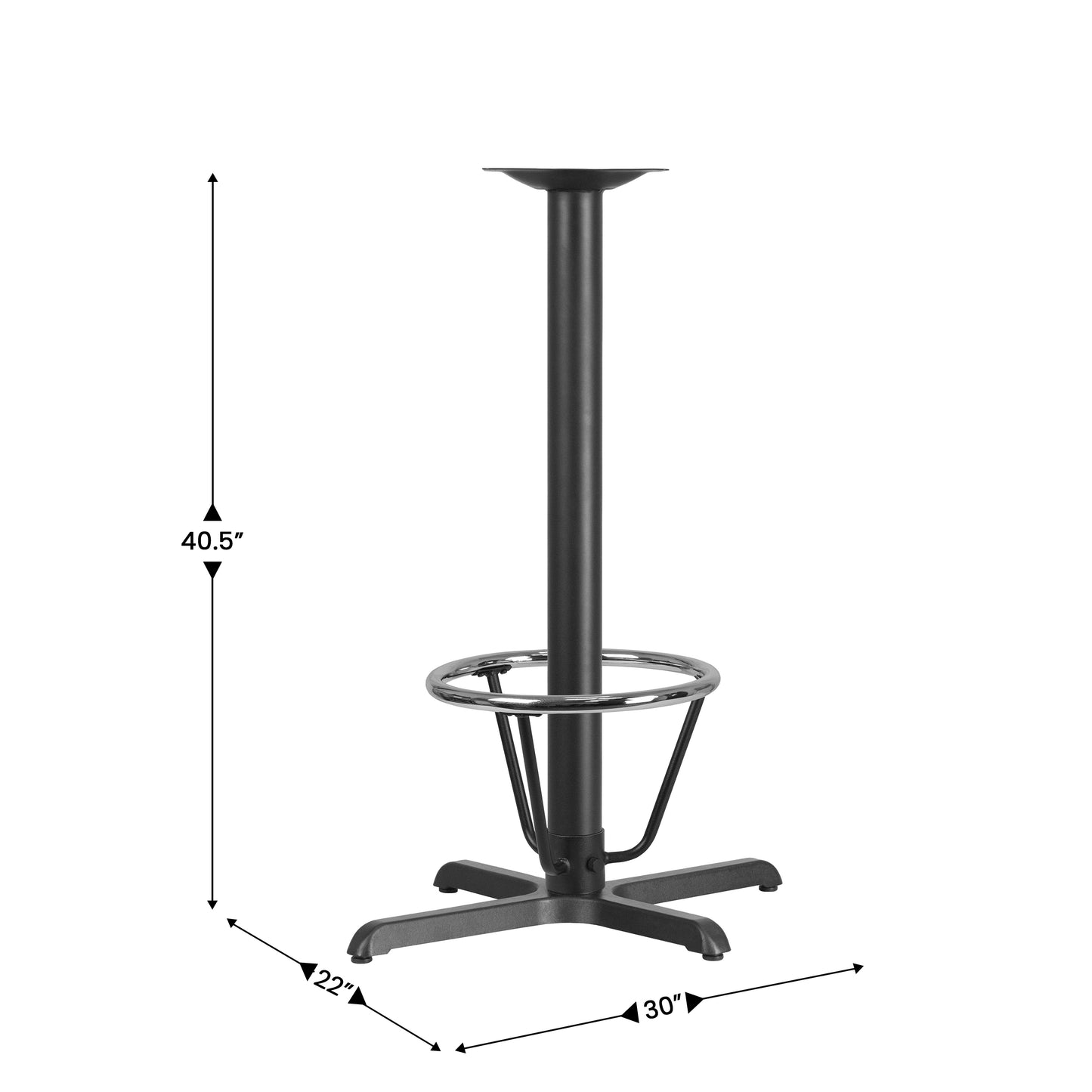 Beverly 23.5'' x 29.5'' Restaurant Table X-Base with 3'' Dia. Bar Height Column and Foot Ring Black