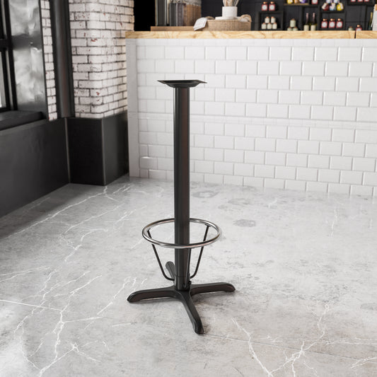 Beverly 23.5'' x 29.5'' Restaurant Table X-Base with 3'' Dia. Bar Height Column and Foot Ring Black
