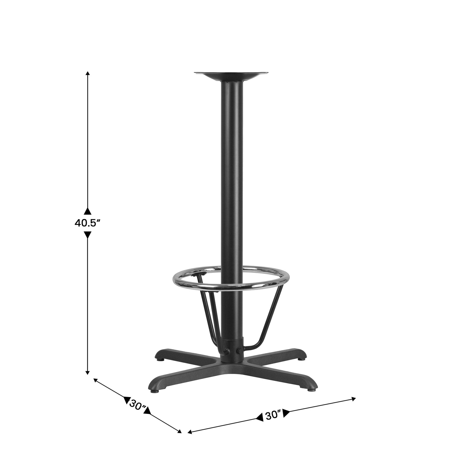 Beverly 30'' x 30'' Restaurant Table X-Base with 3'' Dia. Bar Height Column and Foot Ring Black
