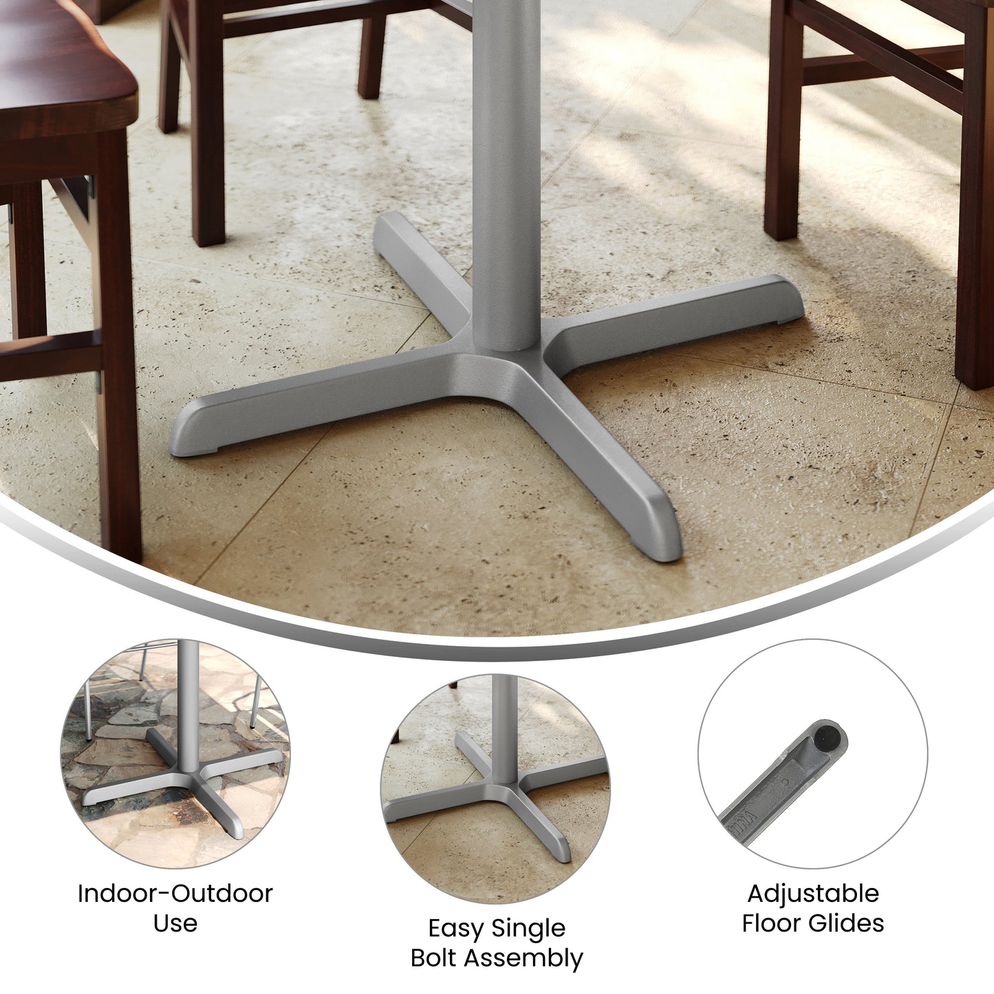 Beverly 30'' x 30'' Restaurant Indoor/Outdoor Table X-Base with 3'' Dia. Table Height Column, Silver Silver