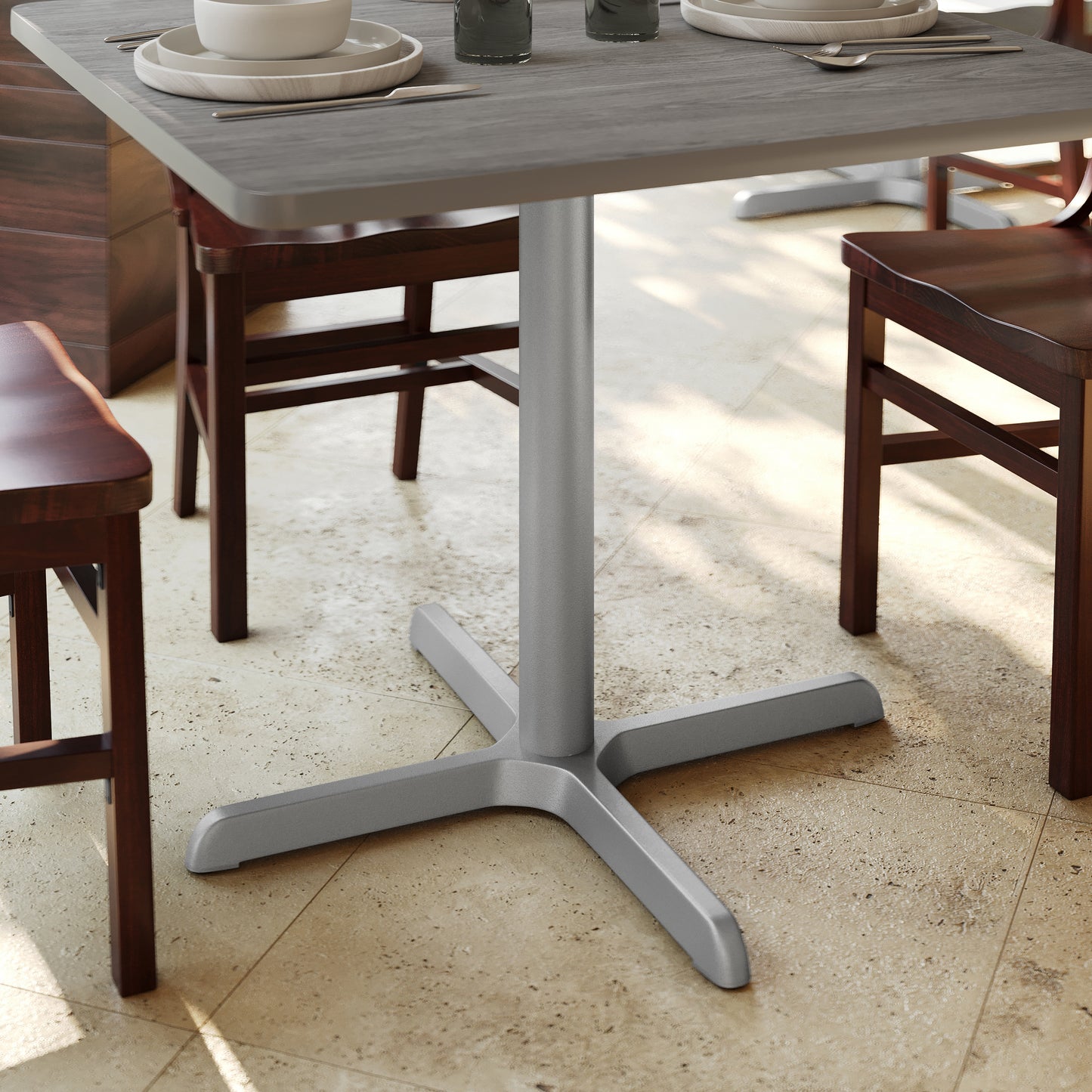 Beverly 30'' x 30'' Restaurant Indoor/Outdoor Table X-Base with 3'' Dia. Table Height Column, Silver Silver