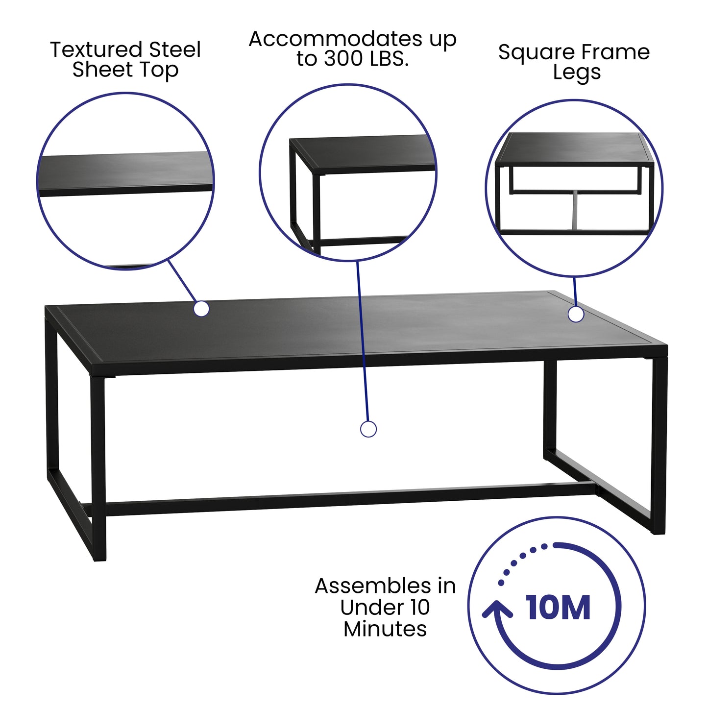 Brock Outdoor Patio Coffee Table Commercial Grade Black Coffee Table for Deck, Porch, or Poolside - Steel Square Leg Frame Black