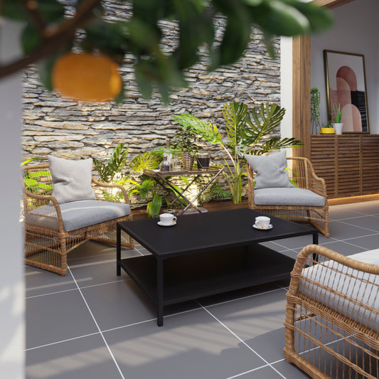 Brock Outdoor 2 Tier Patio Coffee Table Commercial Grade Black Coffee Table for Deck, Porch, or Poolside-Steel Square Leg Frame Black XU-T6R60USO-2T-BK-GG