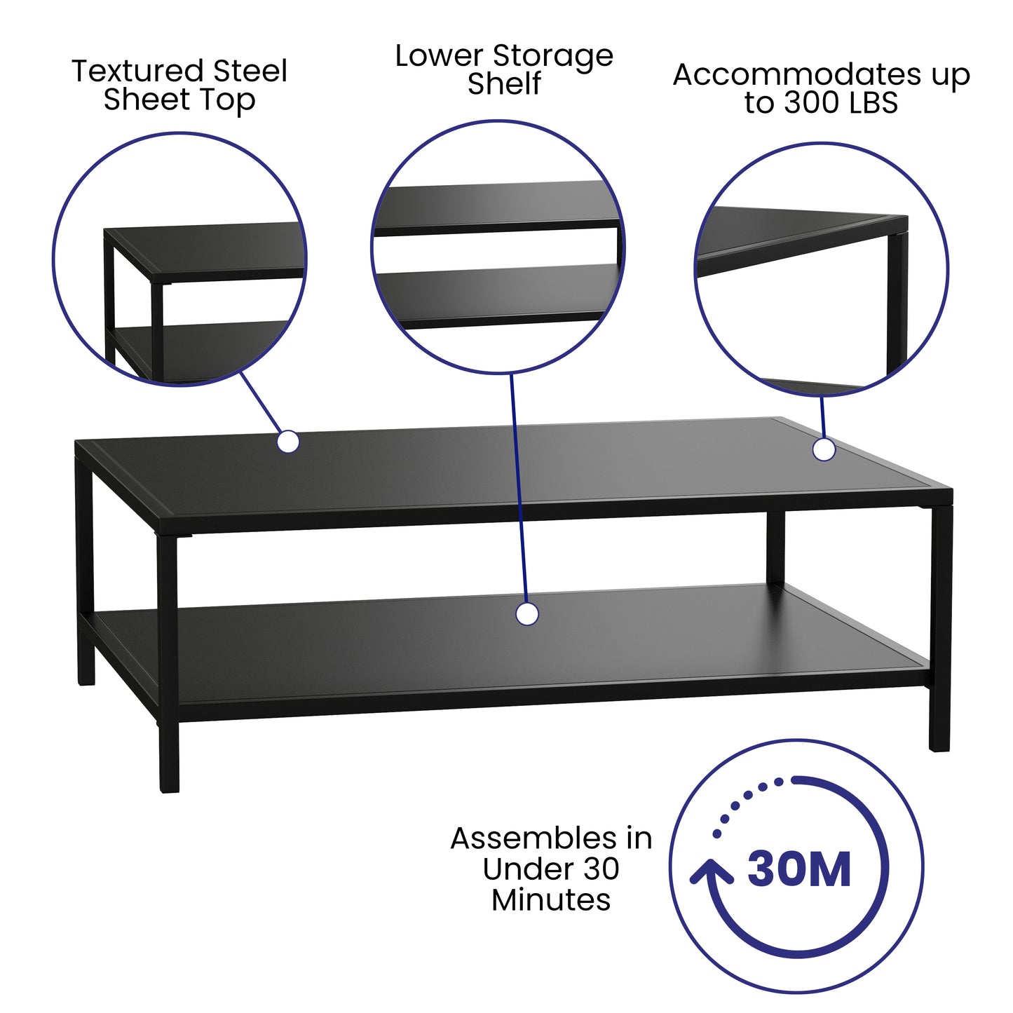 Brock Outdoor 2 Tier Patio Coffee Table Commercial Grade Black Coffee Table for Deck, Porch, or Poolside-Steel Square Leg Frame Black