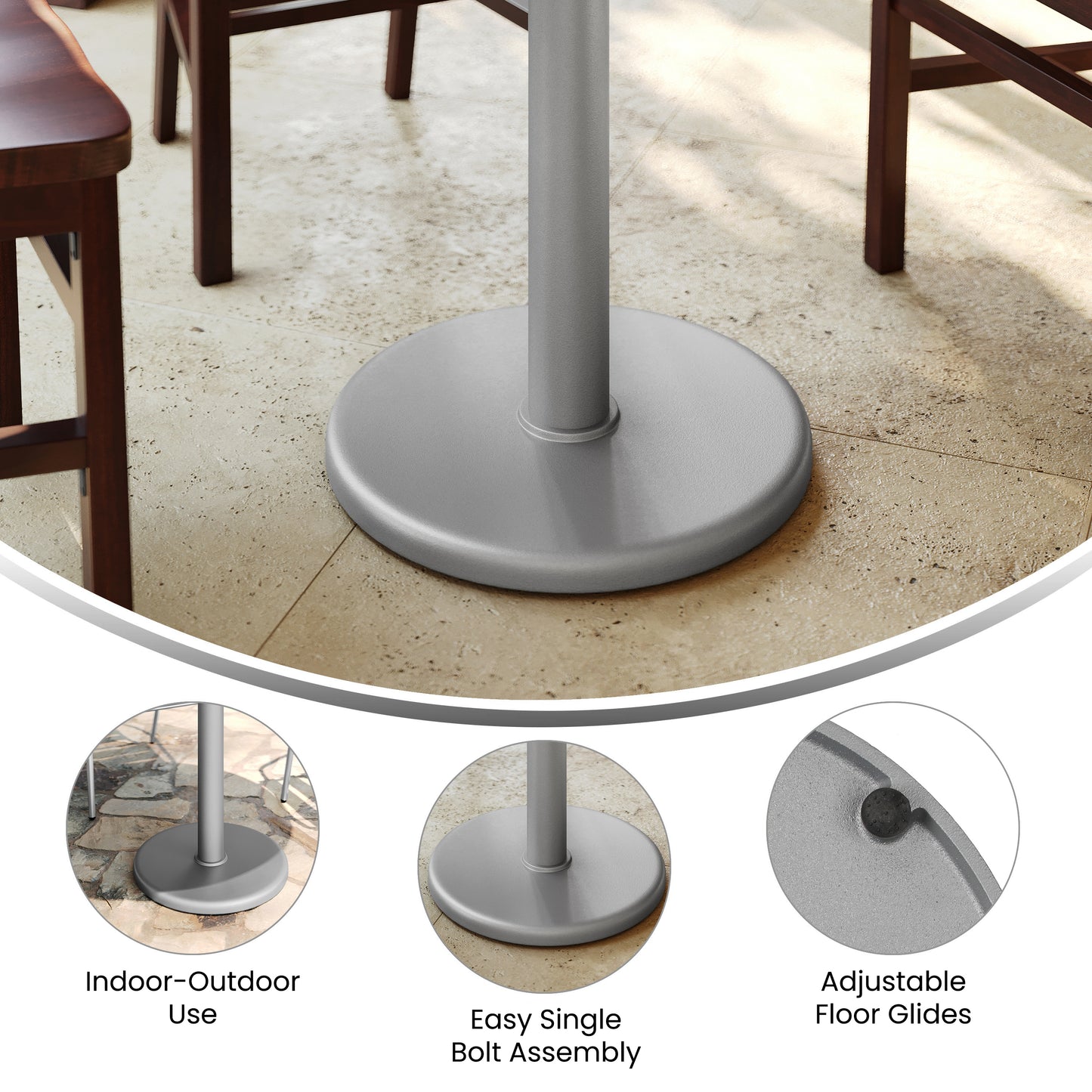 Beverly 18'' Round Restaurant Indoor/Outdoor Table Base with 3'' Dia. Table Height Column, Silver Silver
