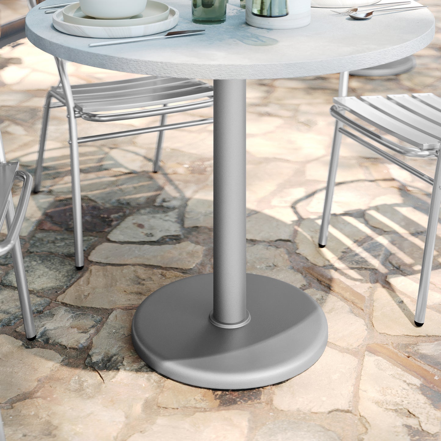Beverly 18'' Round Restaurant Indoor/Outdoor Table Base with 3'' Dia. Table Height Column, Silver Silver