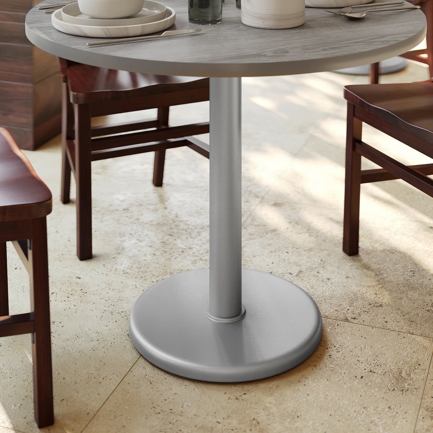 Beverly 18'' Round Restaurant Indoor/Outdoor Table Base with 3'' Dia. Table Height Column, Silver Silver