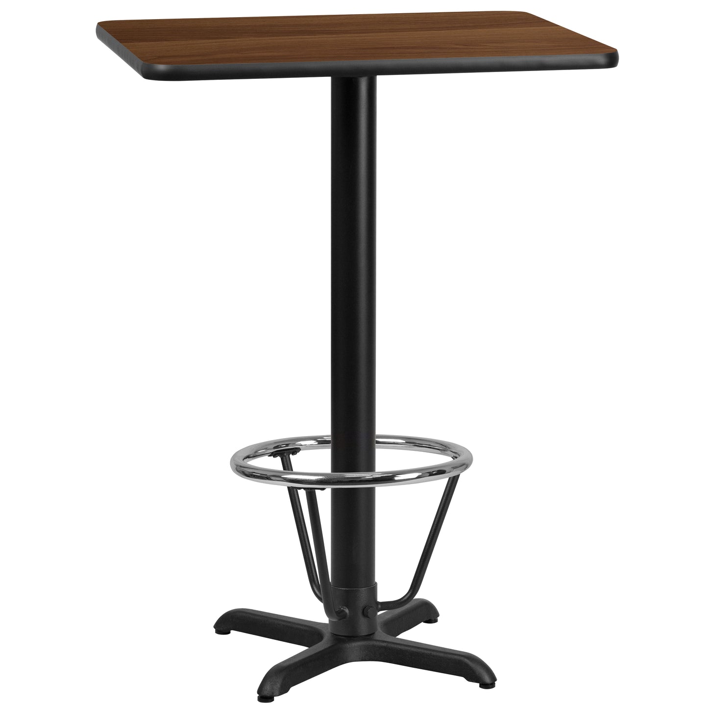 Stiles 24'' x 30'' Rectangular Walnut Laminate Table Top with 22'' x 22'' Bar Height Table Base and Foot Ring Walnut XU-WALTB-2430-T2222B-3CFR-GG