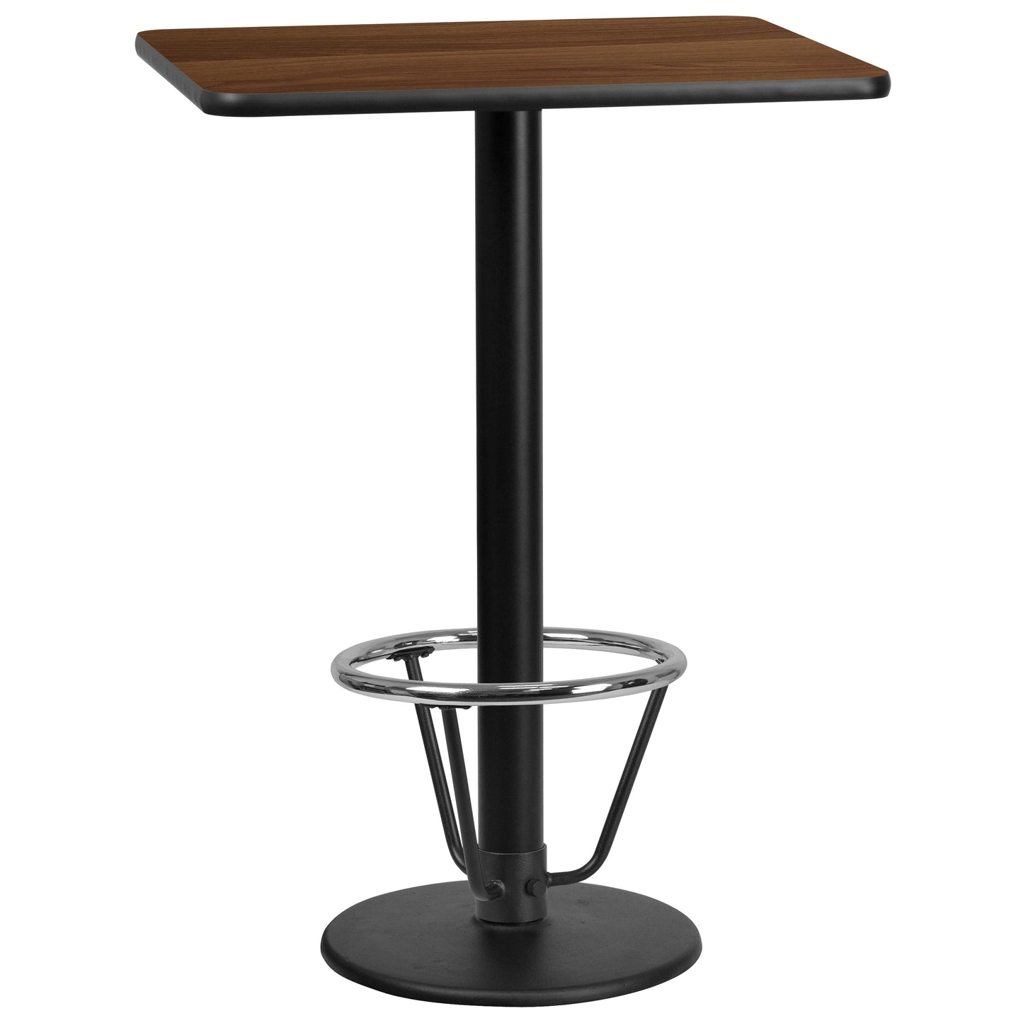 Stiles 24'' x 30'' Rectangular Walnut Laminate Table Top with 18'' Round Bar Height Table Base and Foot Ring Walnut XU-WALTB-2430-TR18B-3CFR-GG