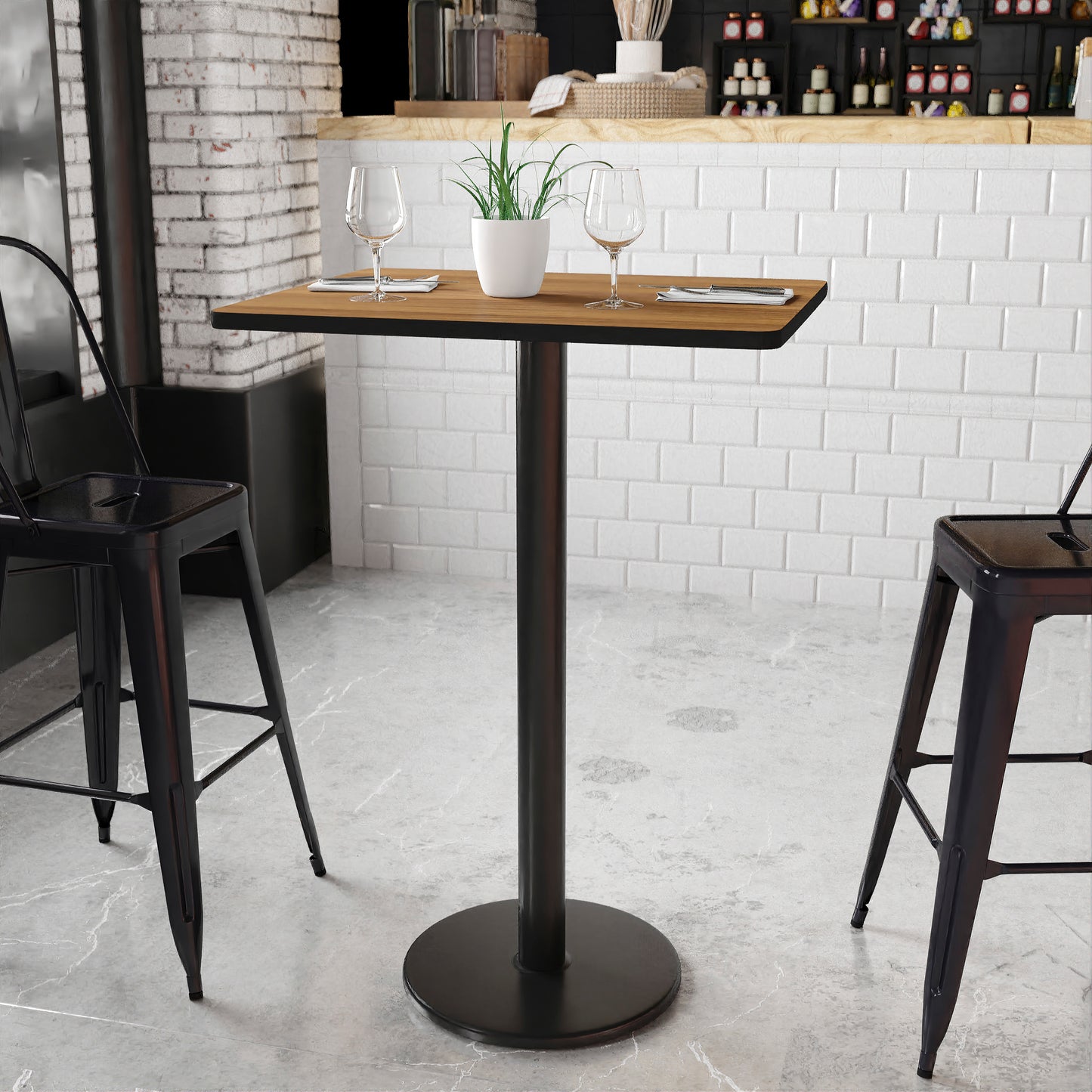 Stiles 24'' x 30'' Rectangular Walnut Laminate Table Top with 18'' Round Bar Height Table Base Walnut XU-WALTB-2430-TR18B-GG