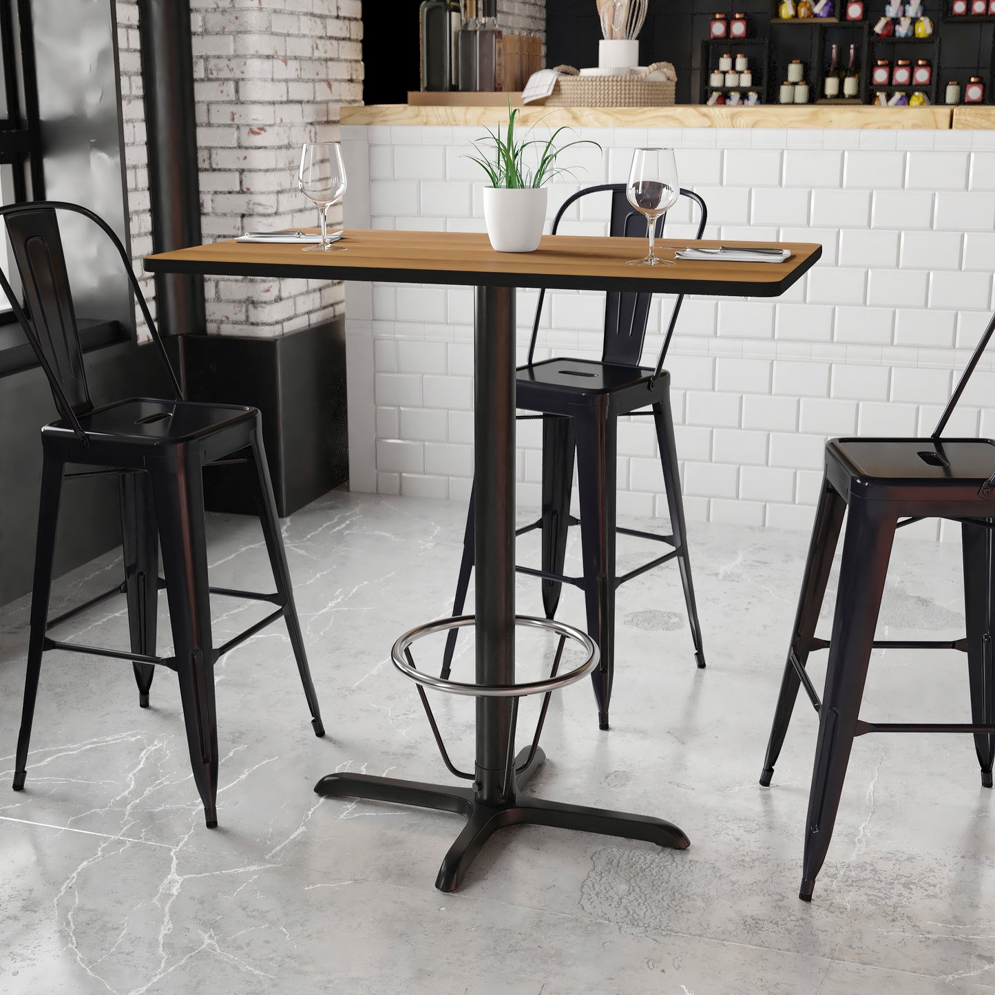 Stiles 24'' x 42'' Rectangular Walnut Laminate Table Top with 23.5'' x 29.5'' Bar Height Table Base and Foot Ring Walnut XU-WALTB-2442-T2230B-3CFR-GG