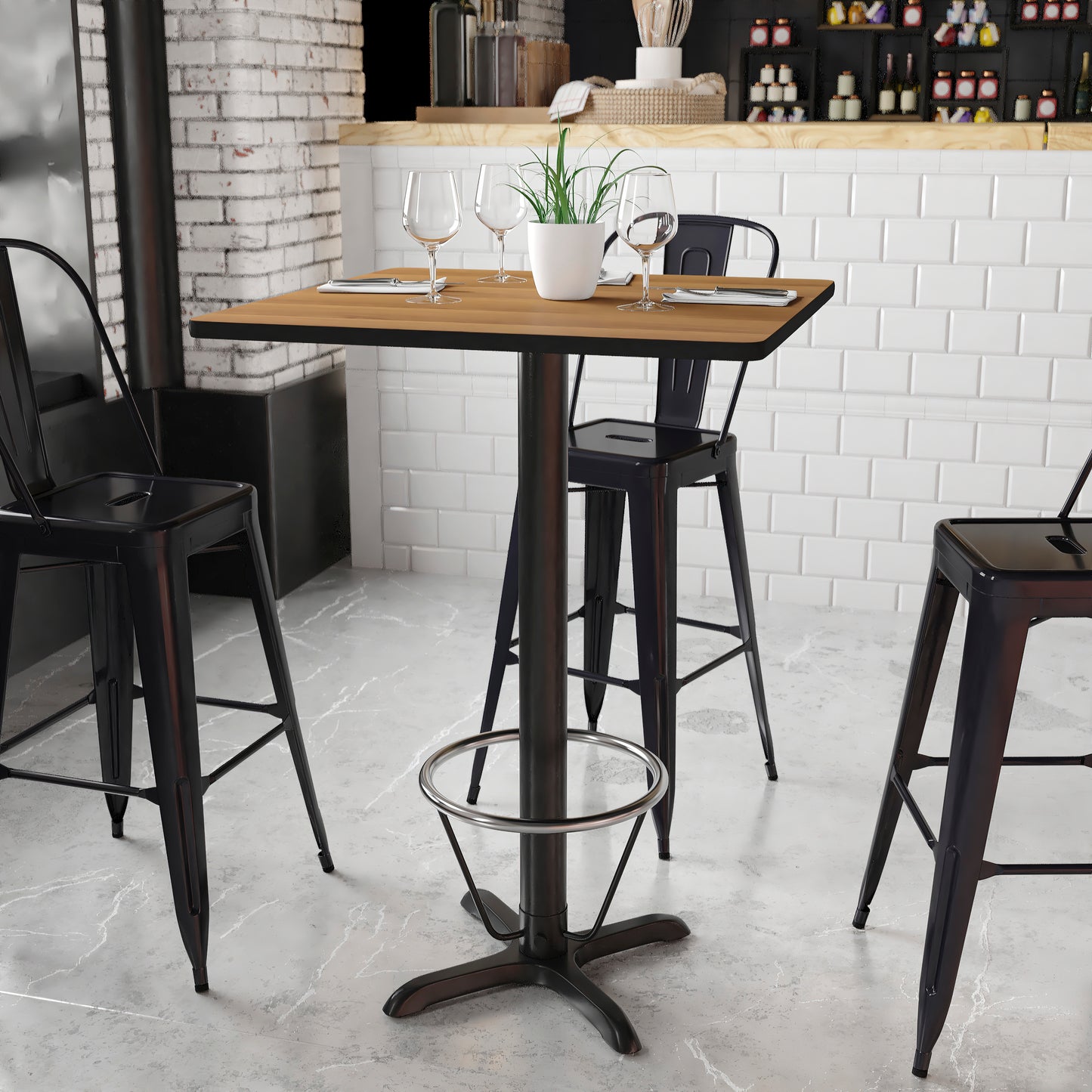 Stiles 30'' Square Walnut Laminate Table Top with 22'' x 22'' Bar Height Table Base and Foot Ring Walnut