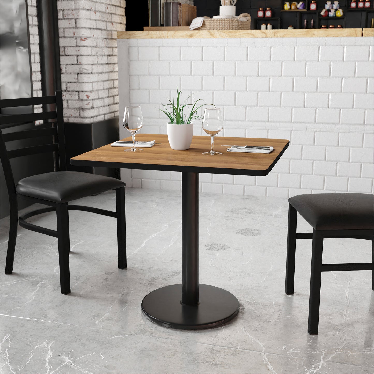 Graniss 30'' Square Walnut Laminate Table Top with 18'' Round Table Height Base Walnut