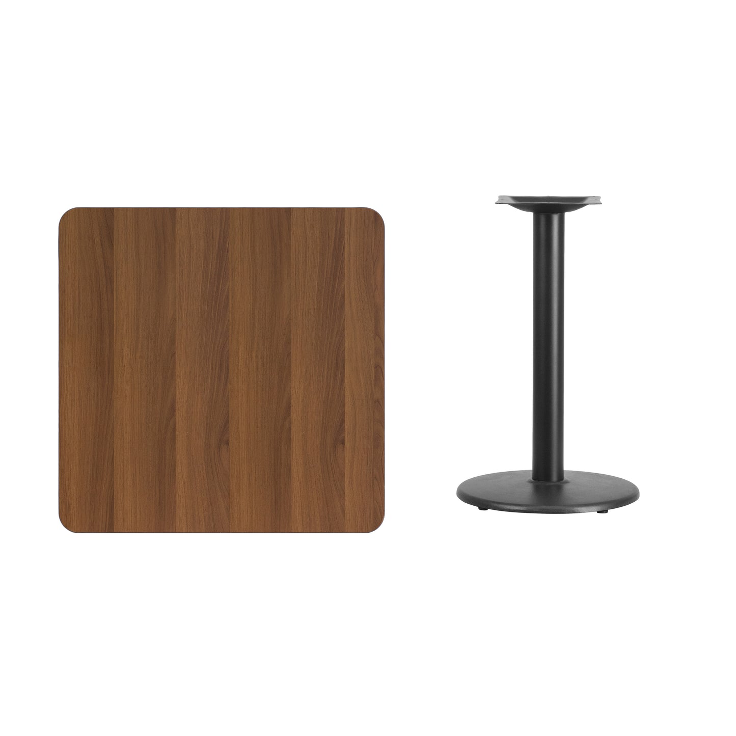 Graniss 30'' Square Walnut Laminate Table Top with 18'' Round Table Height Base Walnut