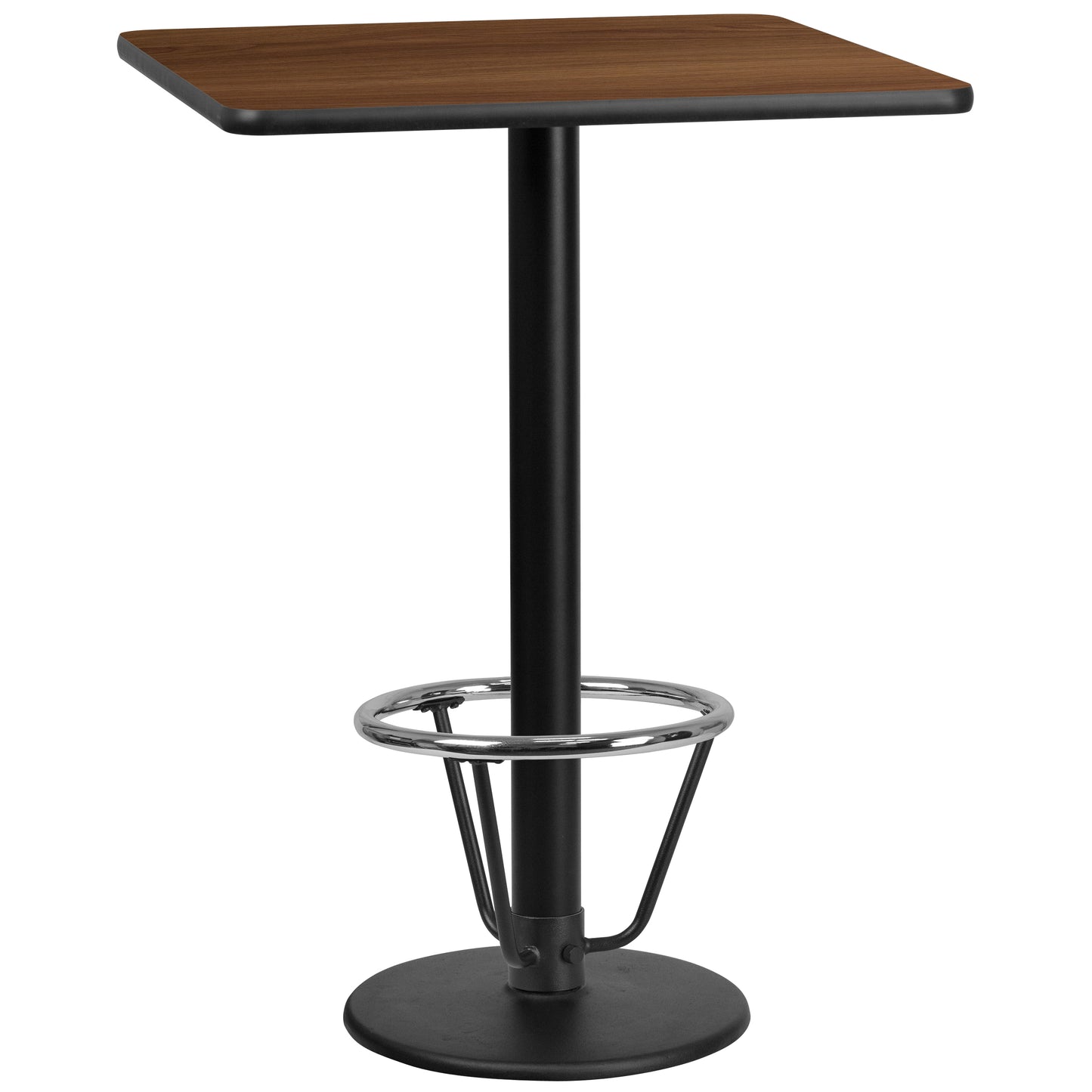 Stiles 30'' Square Walnut Laminate Table Top with 18'' Round Bar Height Table Base and Foot Ring Walnut
