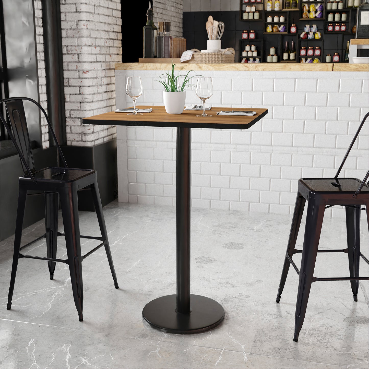 Stiles 30'' Square Walnut Laminate Table Top with 18'' Round Bar Height Table Base Walnut