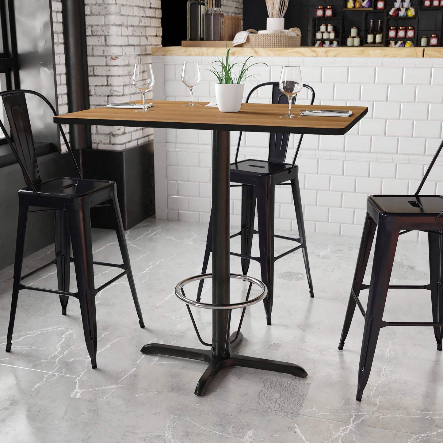 Stiles 30'' x 42'' Rectangular Walnut Laminate Table Top with 23.5'' x 29.5'' Bar Height Table Base and Foot Ring Walnut