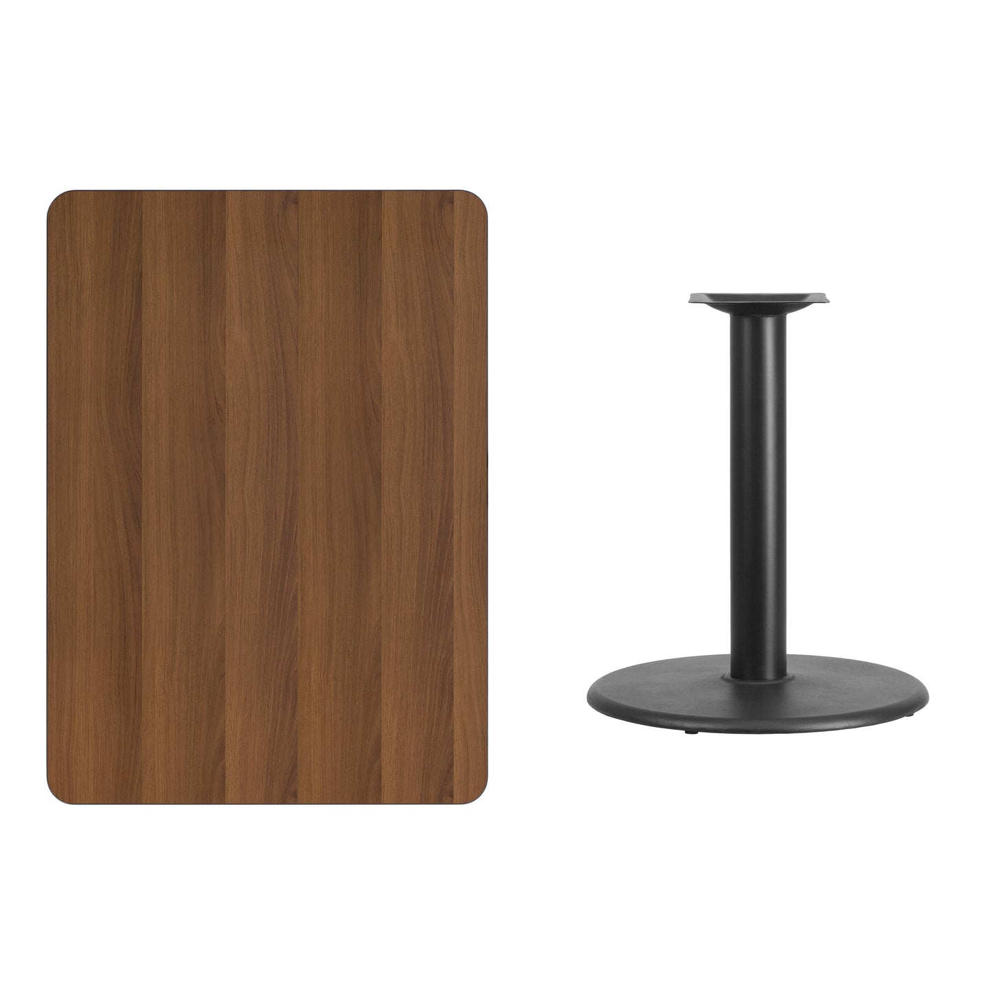 Graniss 30'' x 42'' Rectangular Walnut Laminate Table Top with 24'' Round Table Height Base Walnut