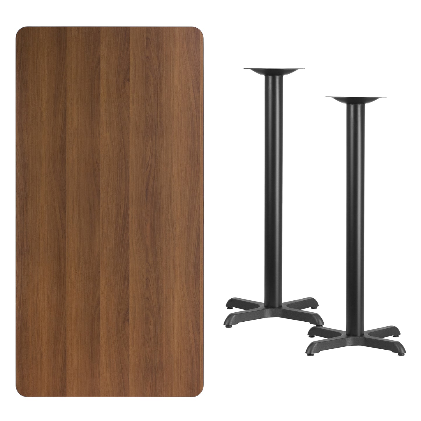 Stiles 30'' x 60'' Rectangular Walnut Laminate Table Top with 22'' x 22'' Bar Height Table Bases Walnut
