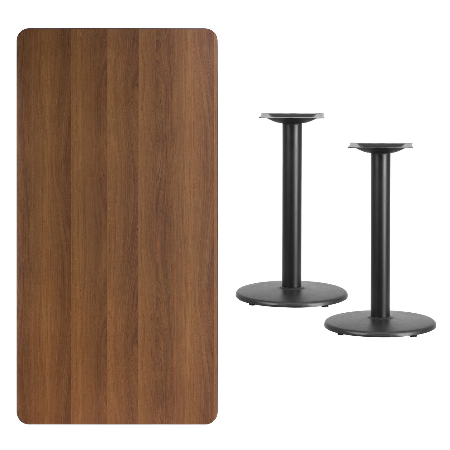 Graniss 30'' x 60'' Rectangular Walnut Laminate Table Top with 18'' Round Table Height Bases Walnut