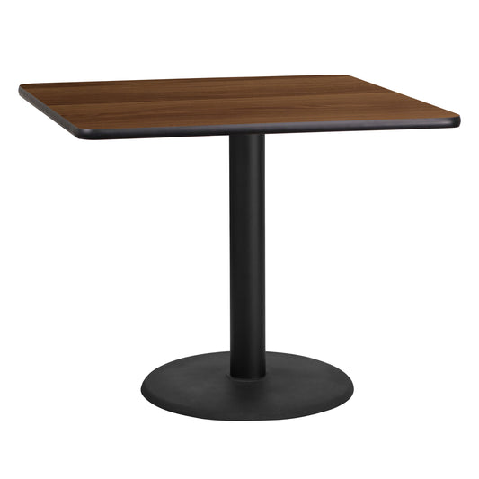Graniss 36'' Square Walnut Laminate Table Top with 24'' Round Table Height Base Walnut