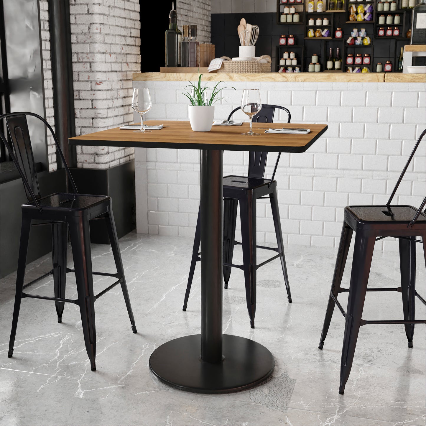 Stiles 36'' Square Walnut Laminate Table Top with 24'' Round Bar Height Table Base Walnut