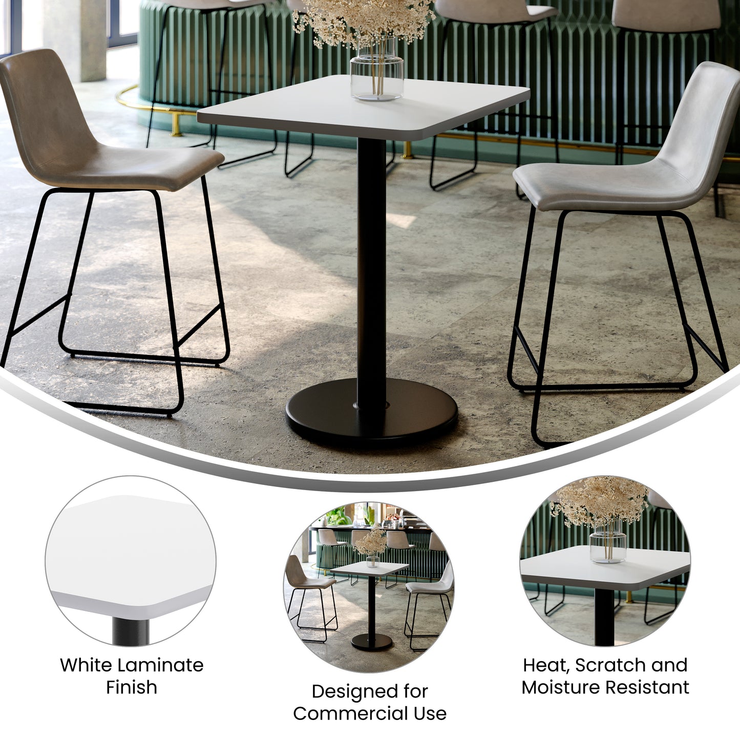 Graniss 24'' x 30'' White Rectangular Laminate Table Top with Black 18" Round Table Height Base White
