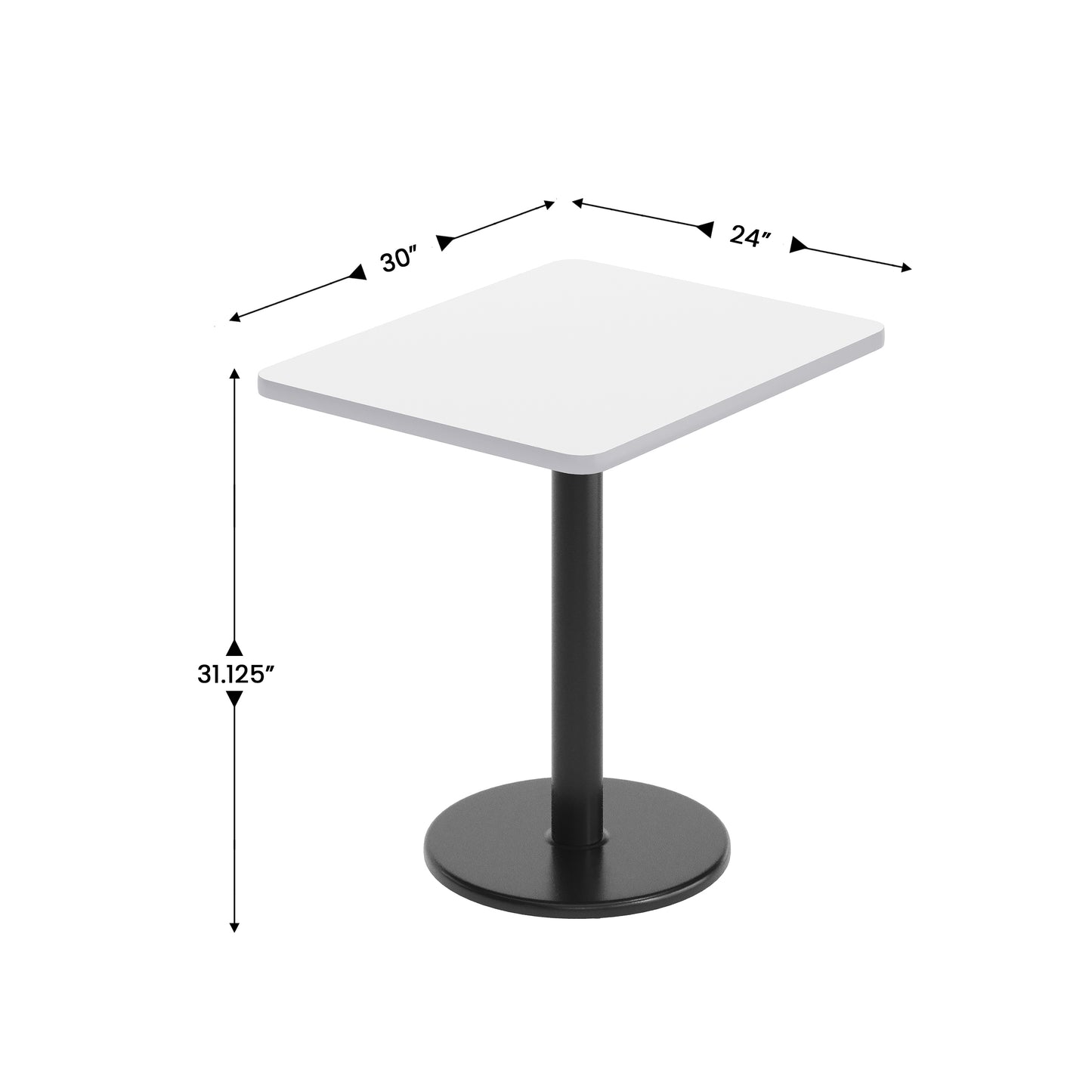 Graniss 24'' x 30'' White Rectangular Laminate Table Top with Black 18" Round Table Height Base White